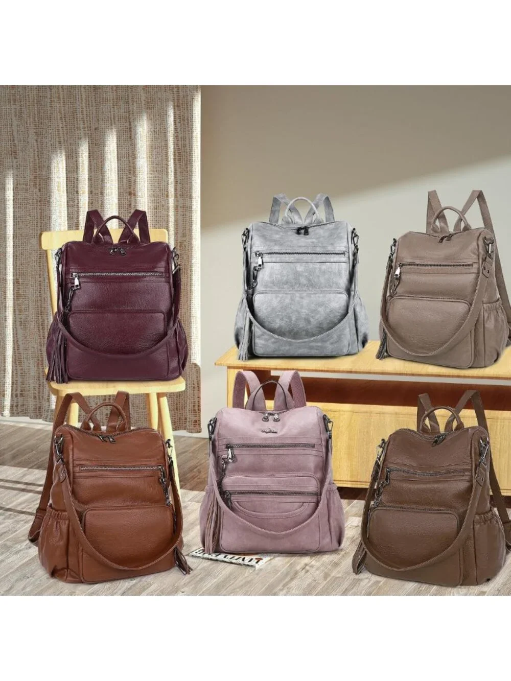 Stylish PU Leather Backpack & Shoulder Bag - Casual Zipper Tote for Women
